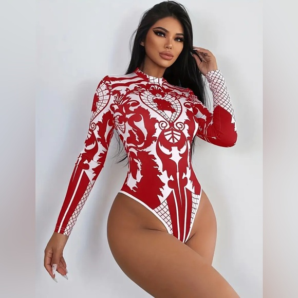 JS Boutique Tops - Last One! 🔥HOT Baroque Design Bodysuit Red White Sz M NEW